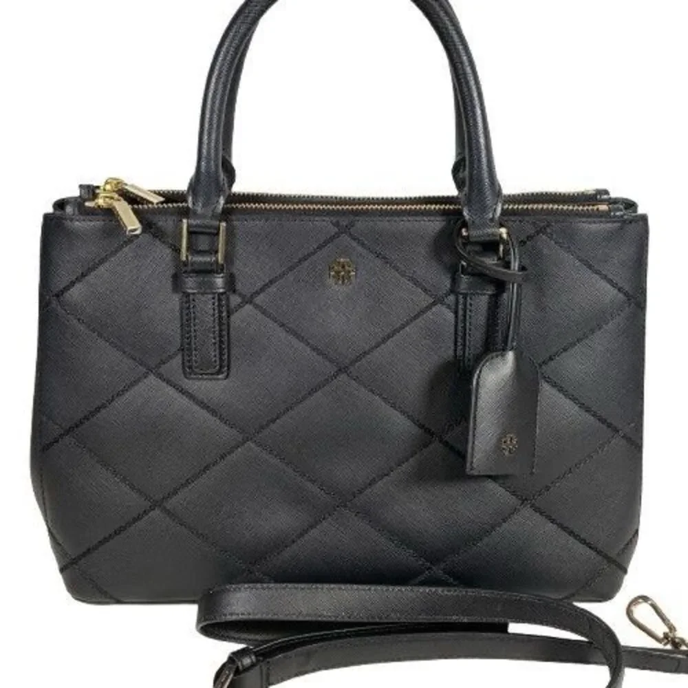 Tory Burch Robinson Black Wild Stitch Leather Double Zip Tote Shoulder Bag Purse